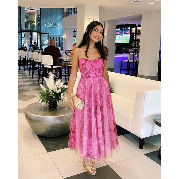 ML MONIQUE LHUILLIER Pink Floral Tulle Sweetheart Neckline A-Line Dress Size 14 - Picture 3 of 13